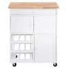 Mobile Kitchen Island Cart Cabinet with Wine Rack in White