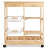 Mobile Wooden Kitchen Cart with Storage Drawers and Wine Rack