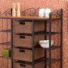Classic Black Iron Bakers Rack with 5 Rattan Baskets